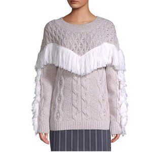 Amur Ulla Fringe Merino Wool Cable Knit Sweater With Fringe Detail Beige Sz Medi